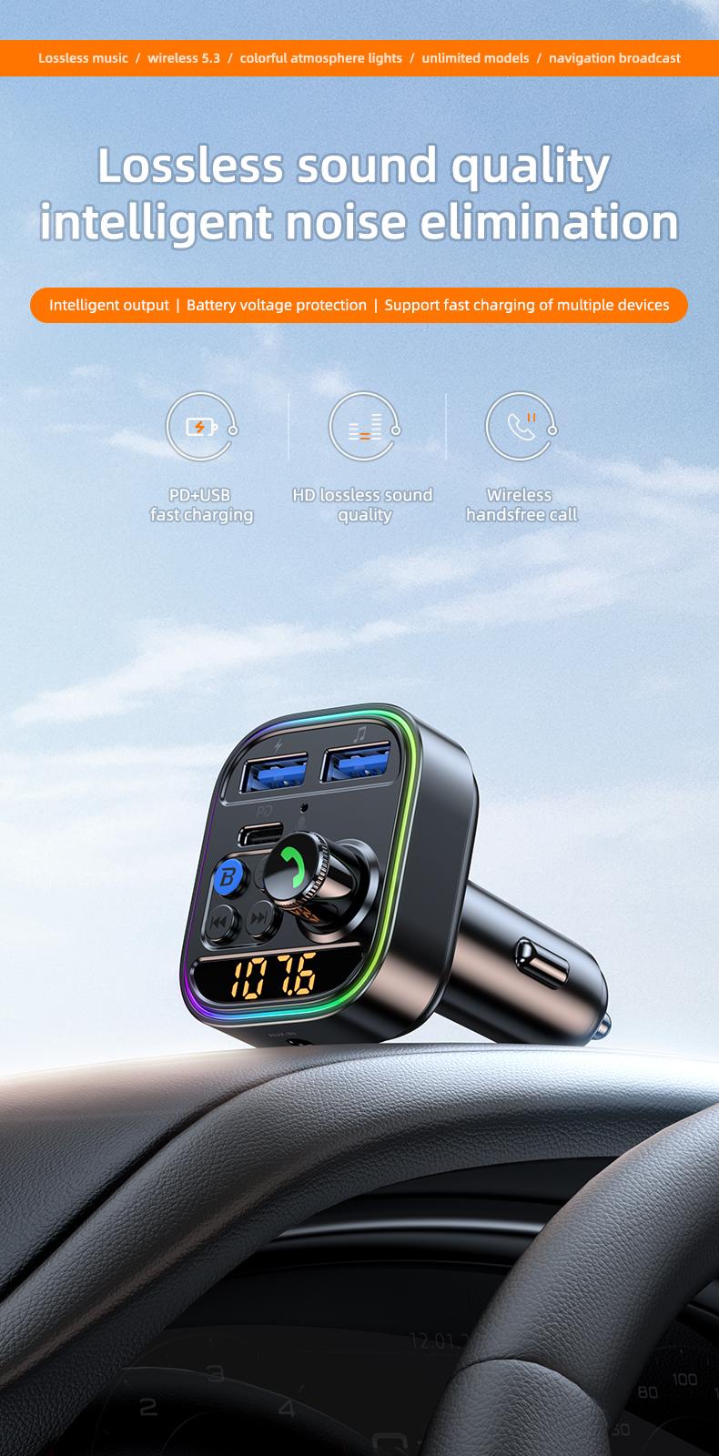 Wireless Bluetooth Car Adapter Bluetooth 5.3 FM Transmitter AUX Radio Receiver MP3 Player Handsfree Call Type-C USB  Car charger