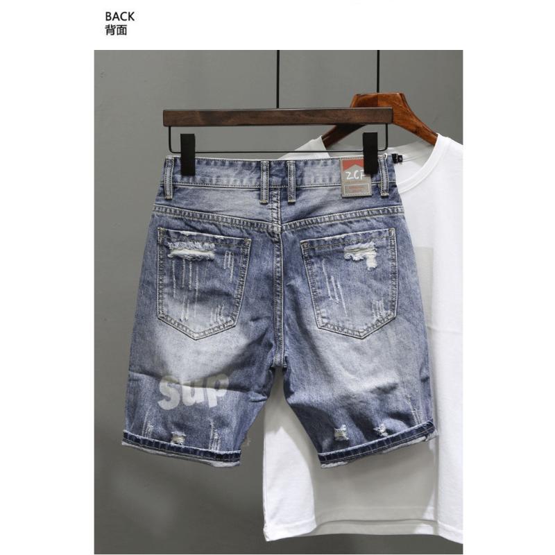 Men's Ripped Denim Shorts for Summer  Personality versatile cropped pants in cotton fabric, casual street style ee blue Korean Loose Original Streetwear Design