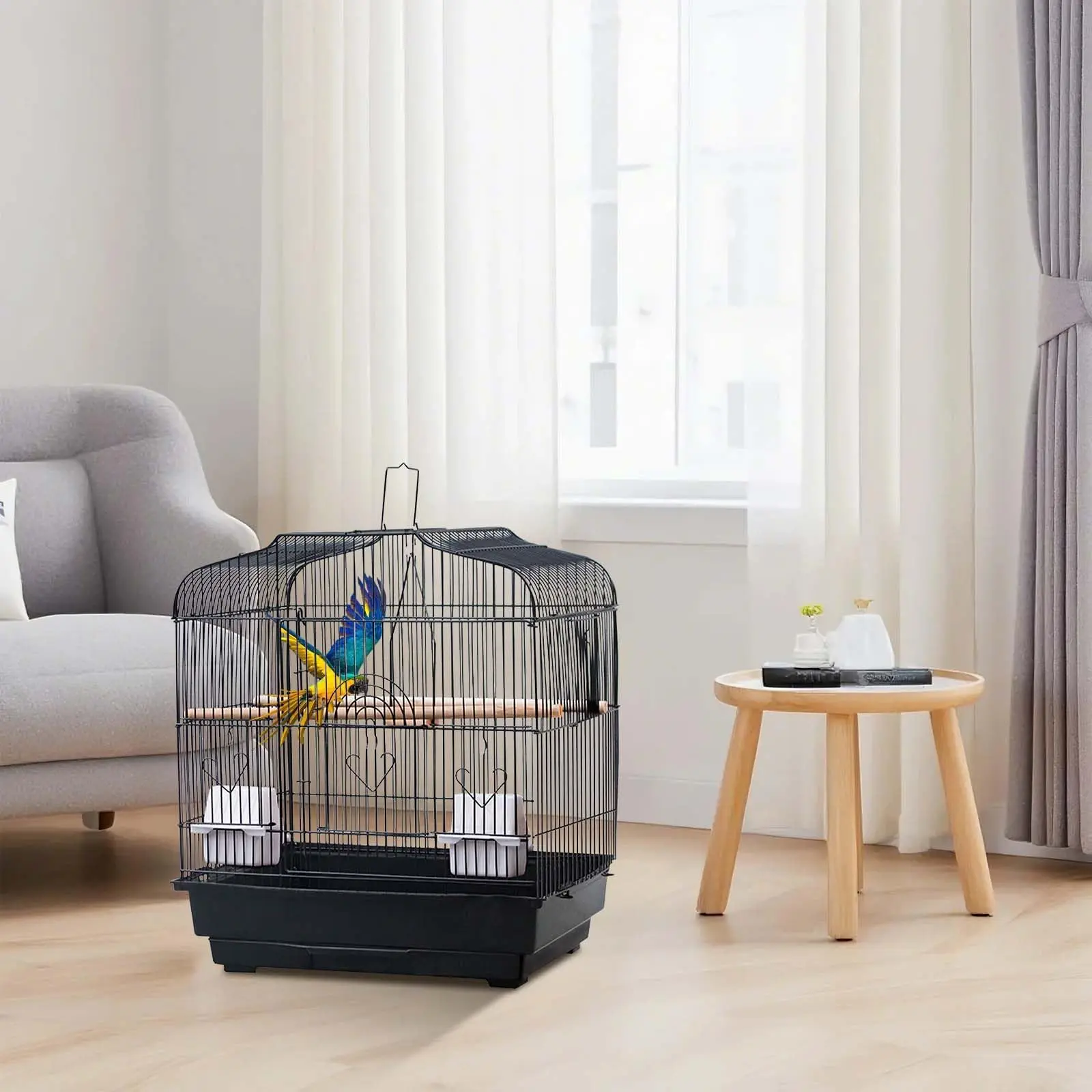 Black Travel Bird Cage, 20.5 x 18.1 x 14.2 Inches, 7-Piece Kit, Iron, for Small Parakeets, Canaries, Lovebirds, Collapsible, Compact
