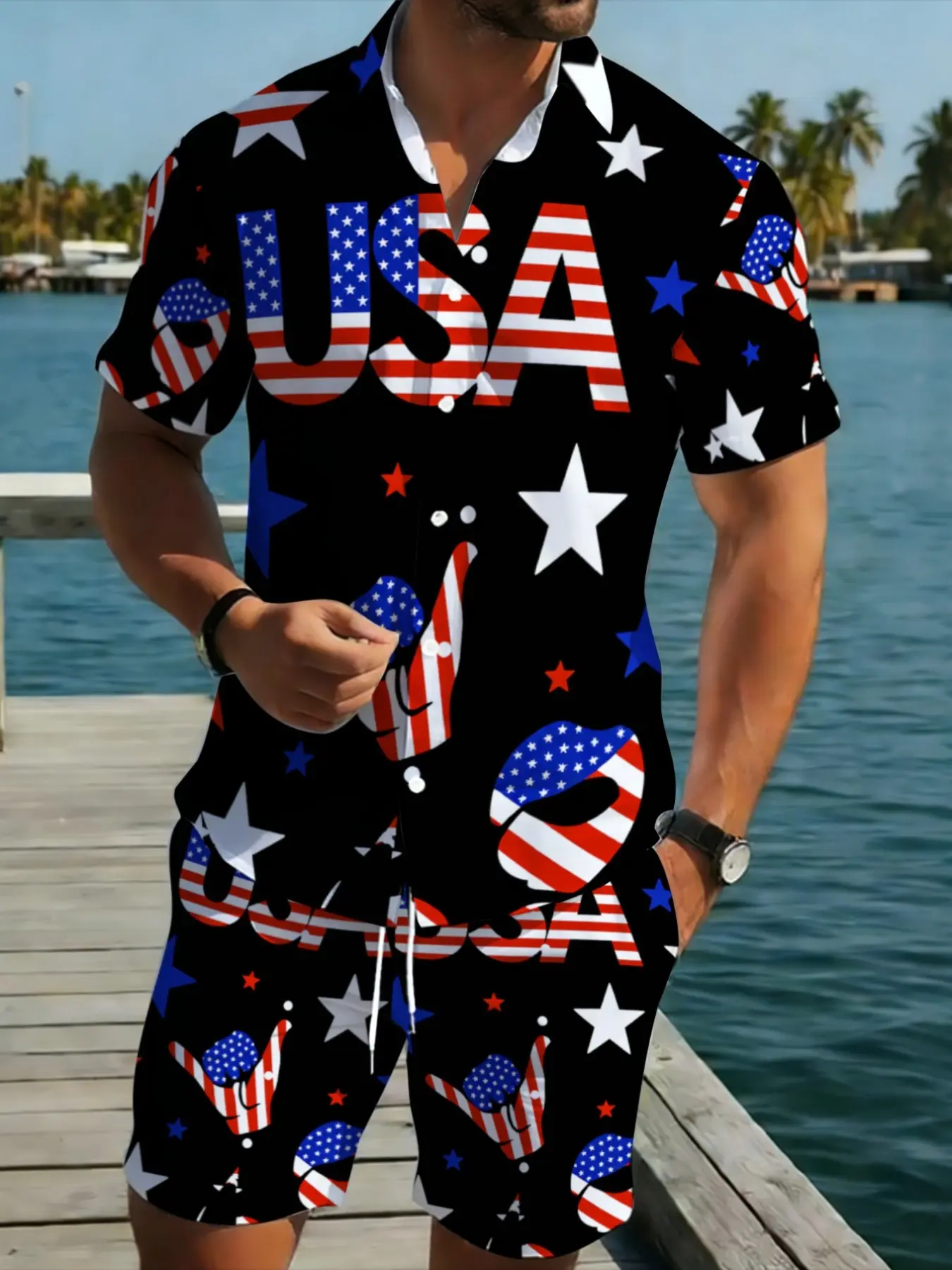 American Flag Pattern Men's Short Sleeve Shirt Set, Summer Casual Outdoor Sports Wear Outfit, Fashion Trendy Two-Piece Male Menswear, Stylish and Comfortable