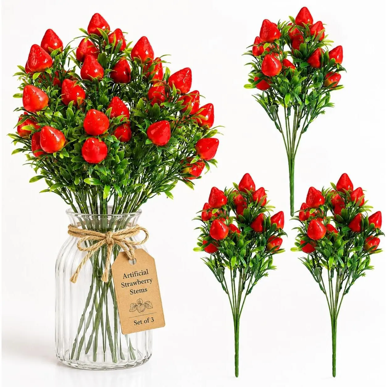 3-Pack Realistic Artificial Strawberry Branches, 10.6" PVC  Fruit Stems for   Centerpiece, DIY Strawberry Flower Arrangement and Wreath Decoration