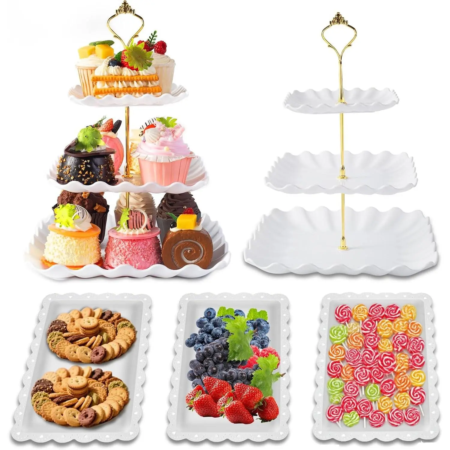 Large 5-Pack White Plastic Dessert Table Display Set - 2 3-Tier Cupcake Towers, 3 Rectangle Food Serving Trays for Home Decor, Birthday, Wedding Party Supplies