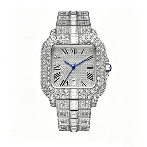Viral Iced Out Square Watch for Men Women, Full Rhinestone Stainless Steel Hip Hop Wrist Watch, Colorful Roman Numeral Dial Quartz Watch with Date Window, Bling Bust Down Jewelry Watch for Party Streetwear