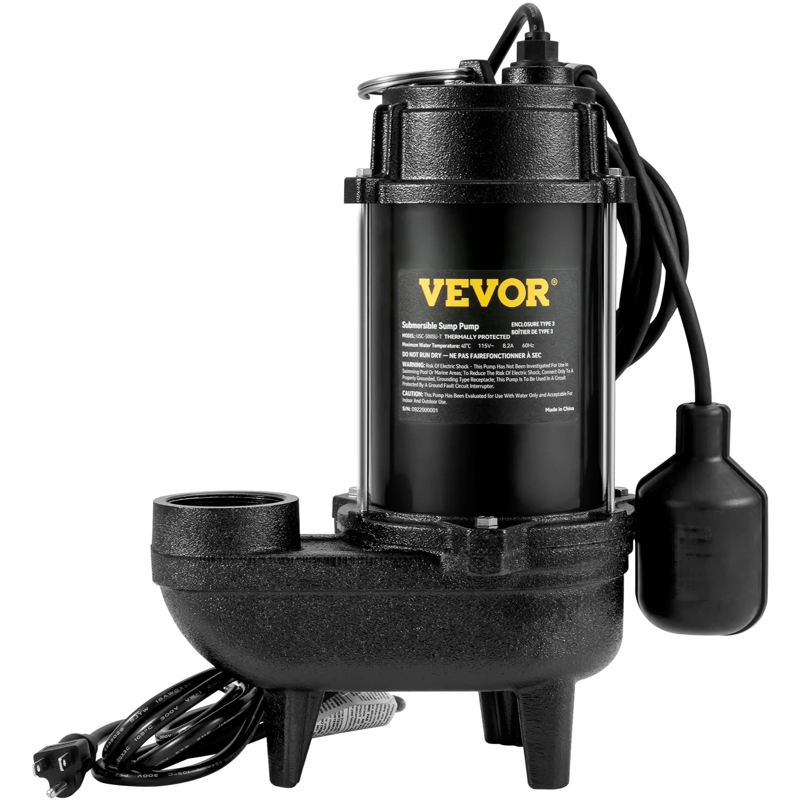 【DealsForYouDays】VEVOR Submersible Sewage Pump, 3/4 HP, 5880 GPH, 1050W, Durable Cast Iron, Includes 2" Outlet and 10 ft Piggy-back Float Switch, Ideal for Septic Tanks, Basements