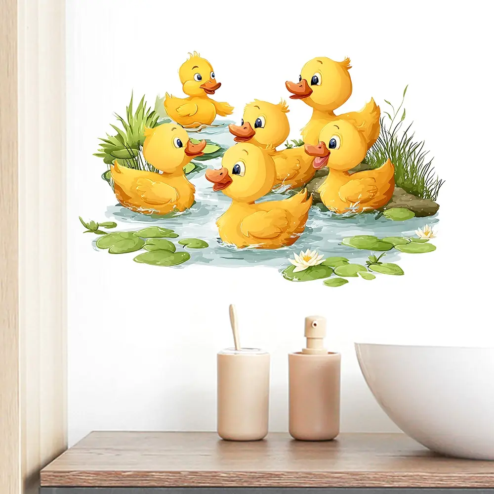 1piece rubber duck swimming wall&toilet sticker, Decoration sticker, group ducks with lotus pond, water lily and aquatic plants, Fresh scene design, PVC removable self-adhesive decal for bathroom, rest area walls and toilet surface, ideal for home decor