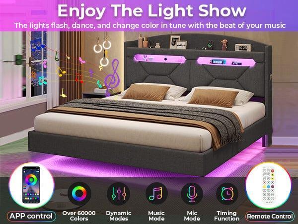 Sikaic Linen LED Floating Bed Frame with Charging Station Dark Grey Headboard And Storage Modern Smart