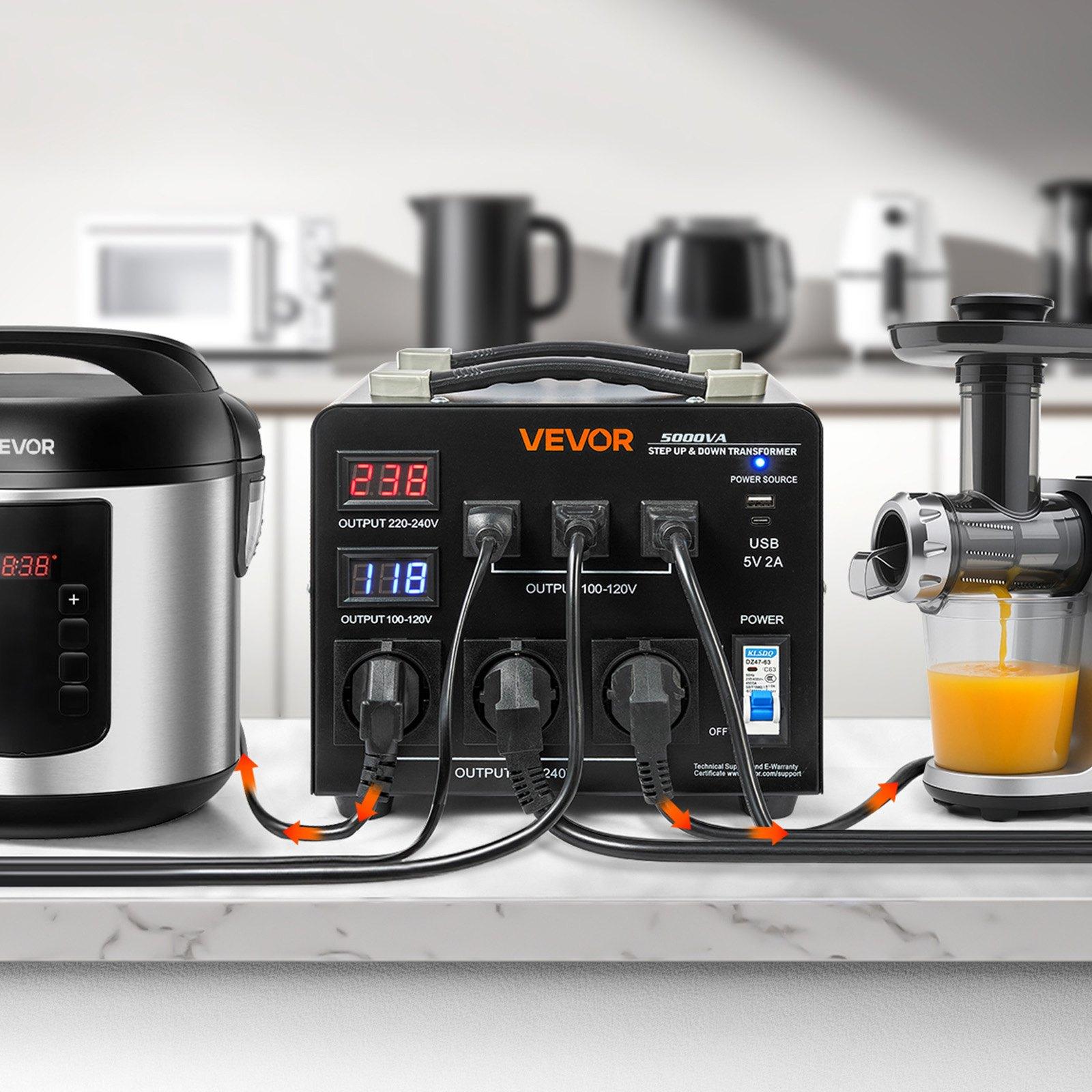 VEVOR Voltage Auto Converter Transformer, 5000VA, Heavy Duty Step Up/Down Power Transformer, 110V to 220V and 220V to 110V, with 3 US Outlets, 3 EU Outlets, LCD Display, Circuit Breaker Protection