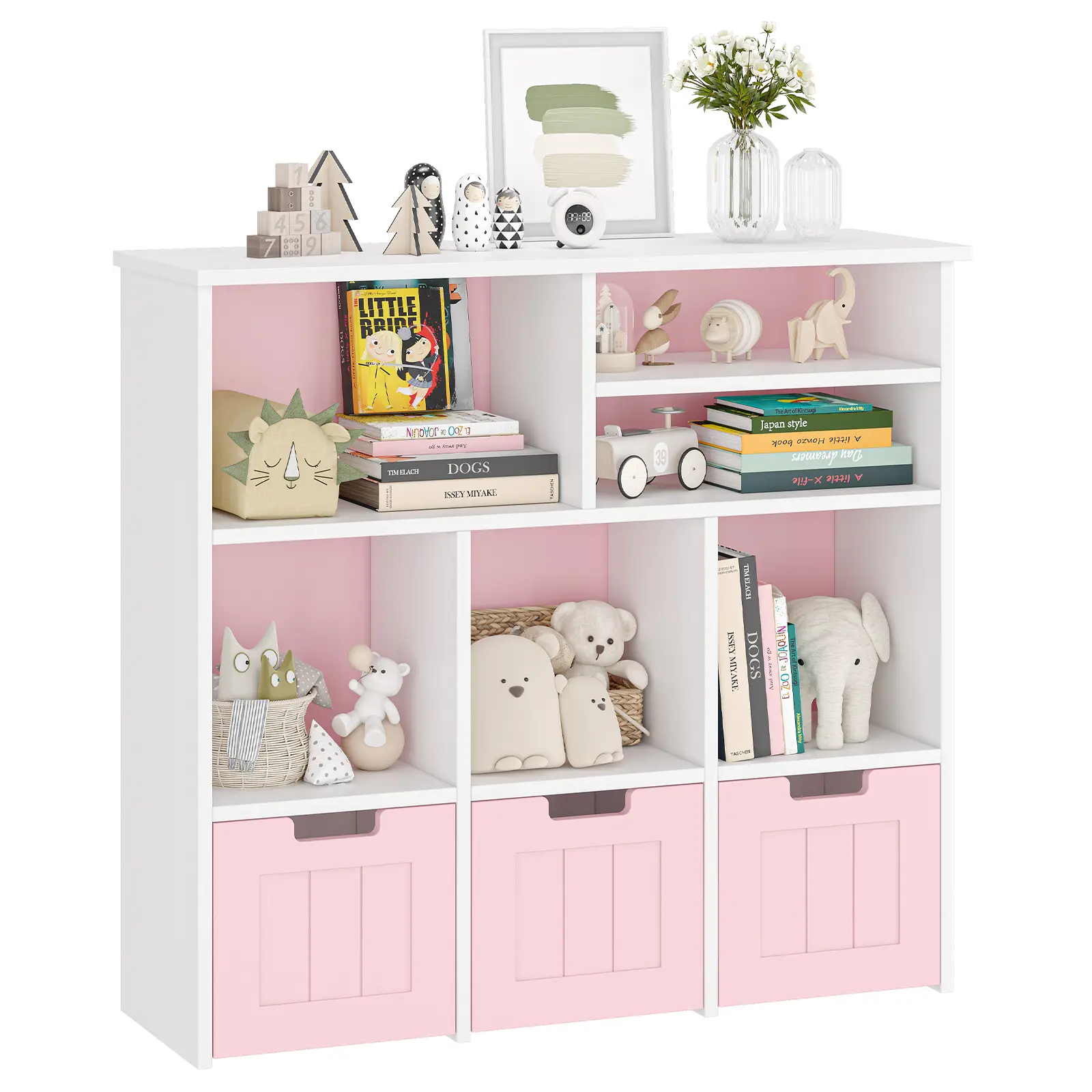 Kids Bookshelf & Toy Storage Organizer – 3 Movable Drawers & 6 Cubbies – Modern Wooden Storage Cabinet with Hidden Wheels – Ideal for Bedroom, Playroom, Nursery – Children's Bookcase – Pink and White
