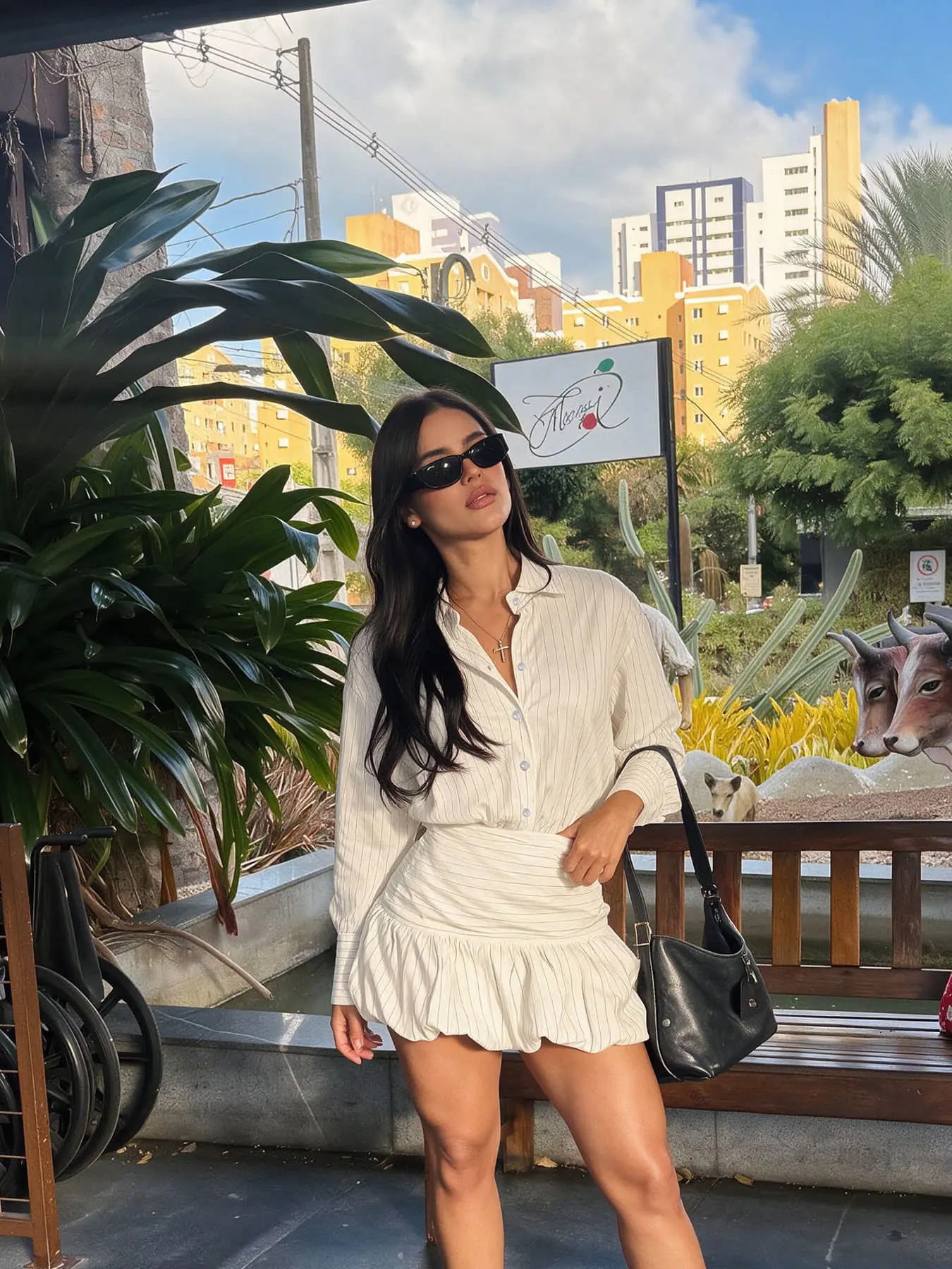 Two piece women's fashion retro solid color vertical stripe spicy girl set with long sleeved shirt and high waisted skirt, suitable for spring and summer, suitable for bars, dates, store visits, travel photos, and holiday gatherings, two piece sets
