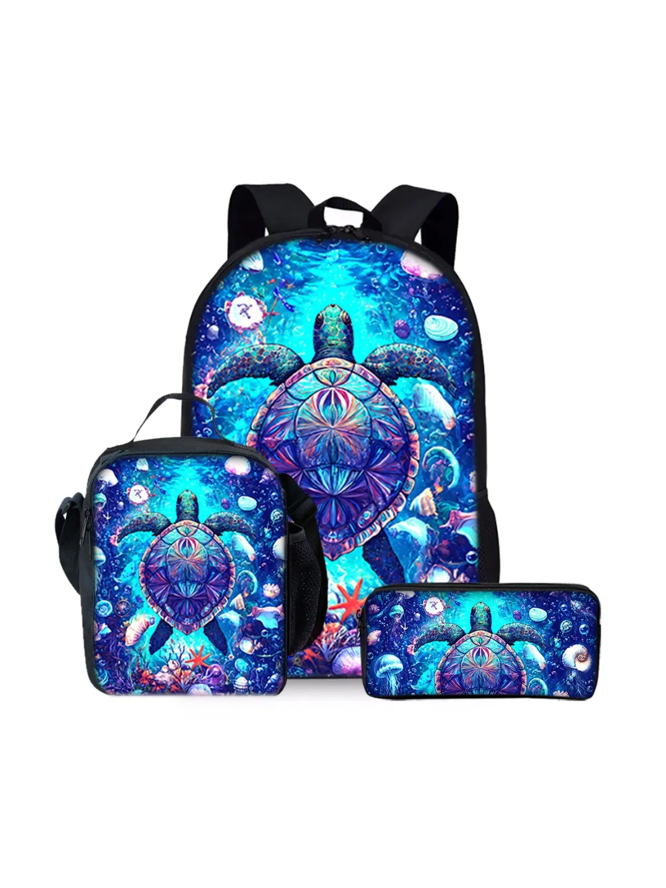Three-piece set of backpacks with 2D turtle print, large-capacity lightweight bag set, suitable for outdoor trips and daily school use. The set includes a backpack, a lunch bag and a pencil case, making it an ideal holiday gift for kids and friends.
