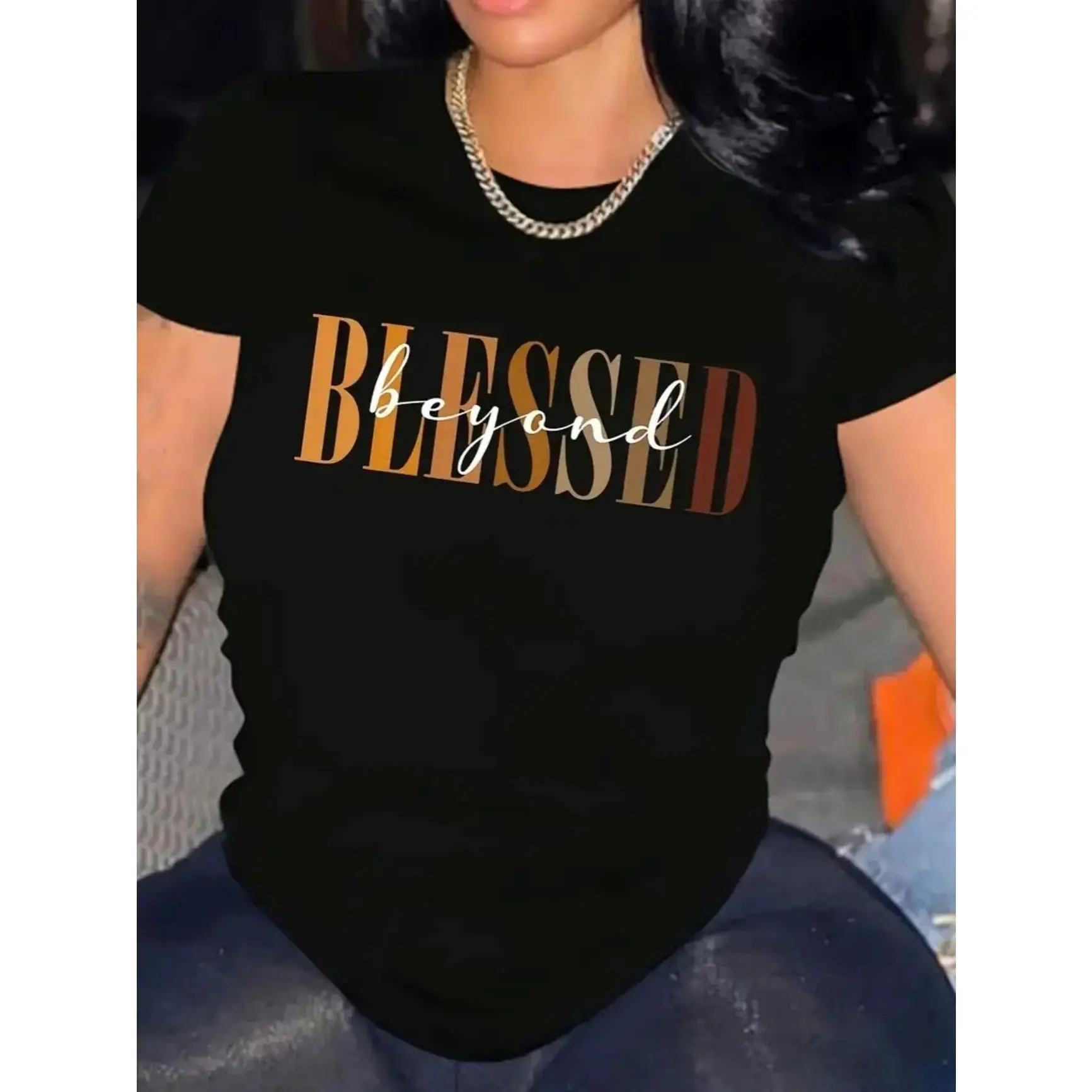 Unisex Graphic T-Shirt - Casual Shortsleeve Brown Ombré Everyday Tops with 'BLESSED beyond' Wordplay