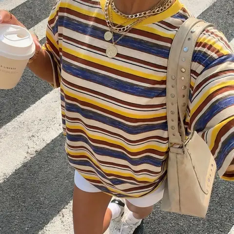 Women's Striped Loose Fit T-Shirt, Short Sleeve Round Neck Digital Print Top, Vintage Casual Style, Soft Comfortable Daily Wear, Summer Fashion Basic Tee, Casual Basic Tees, Casual Everyday Tee, Casual Comfy Clothes