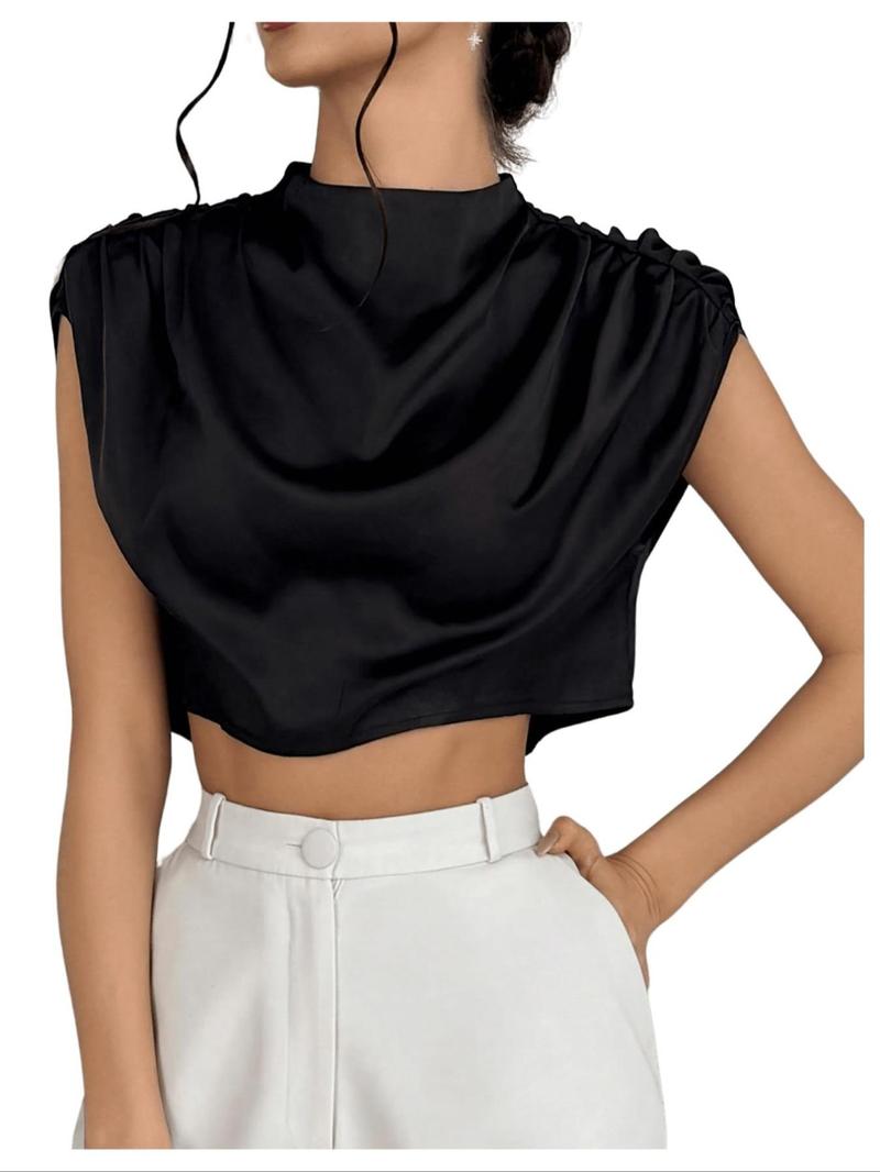 Women's Plain Satin Crop Blouse, Casual Mock Neck Top for Summer, Women's Clothing for Daily Wear Women's Plain Satin Crop Blouse, Casual Mock Neck Top for Summer, Women's Clothing for Daily Wear