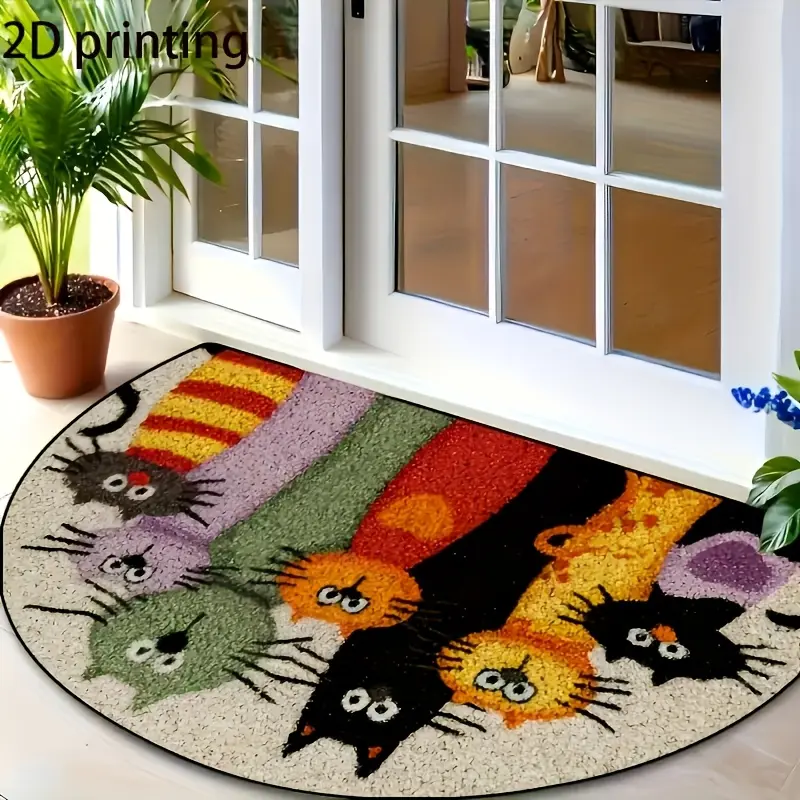 1 piece 2D flat cartoon cat door mat, semi-circular polyester door mat, suitable for entryways, kitchens, living rooms, bedrooms. Can be machine washed. Home entrance decorative floor mat.