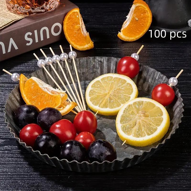 Bamboo Fruit Stick (100pcs), Faux Pearl Decor Cocktail Stick, Party Dessert Stick, Disposable Food Stick for Party, Festive & Party Supplies, Party Accessories, Disposable Cocktail Sticks