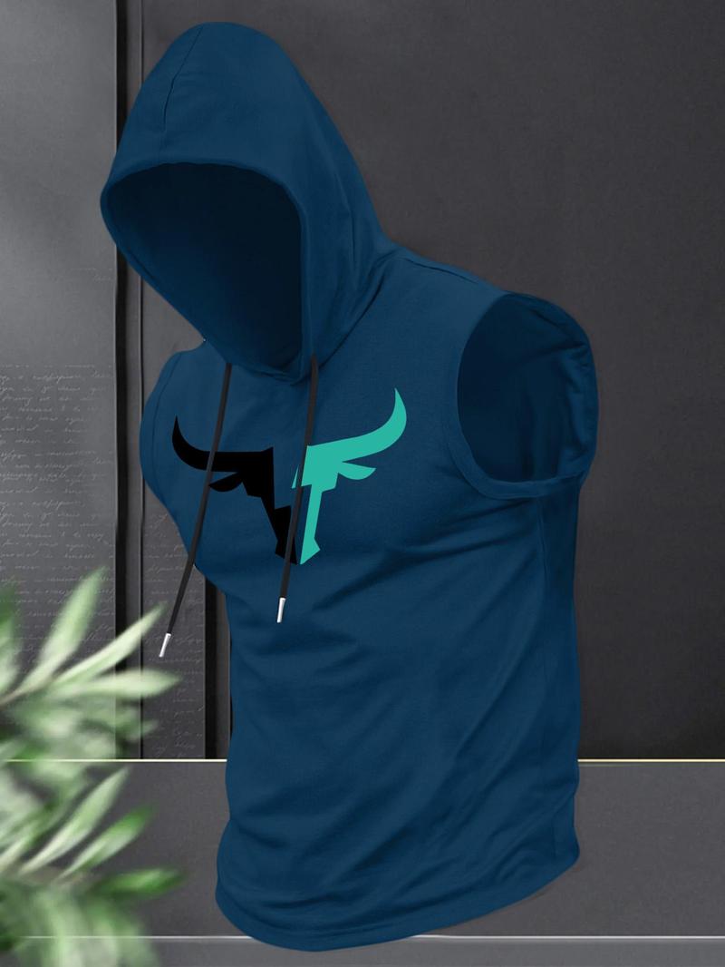 Men's Regular Fit Cartoon Bull Head Print Hooded Tank Top, Casual Fashion Sleeveless Top for Summer, Men's Clothes for Daily Wear, Sweatshirts