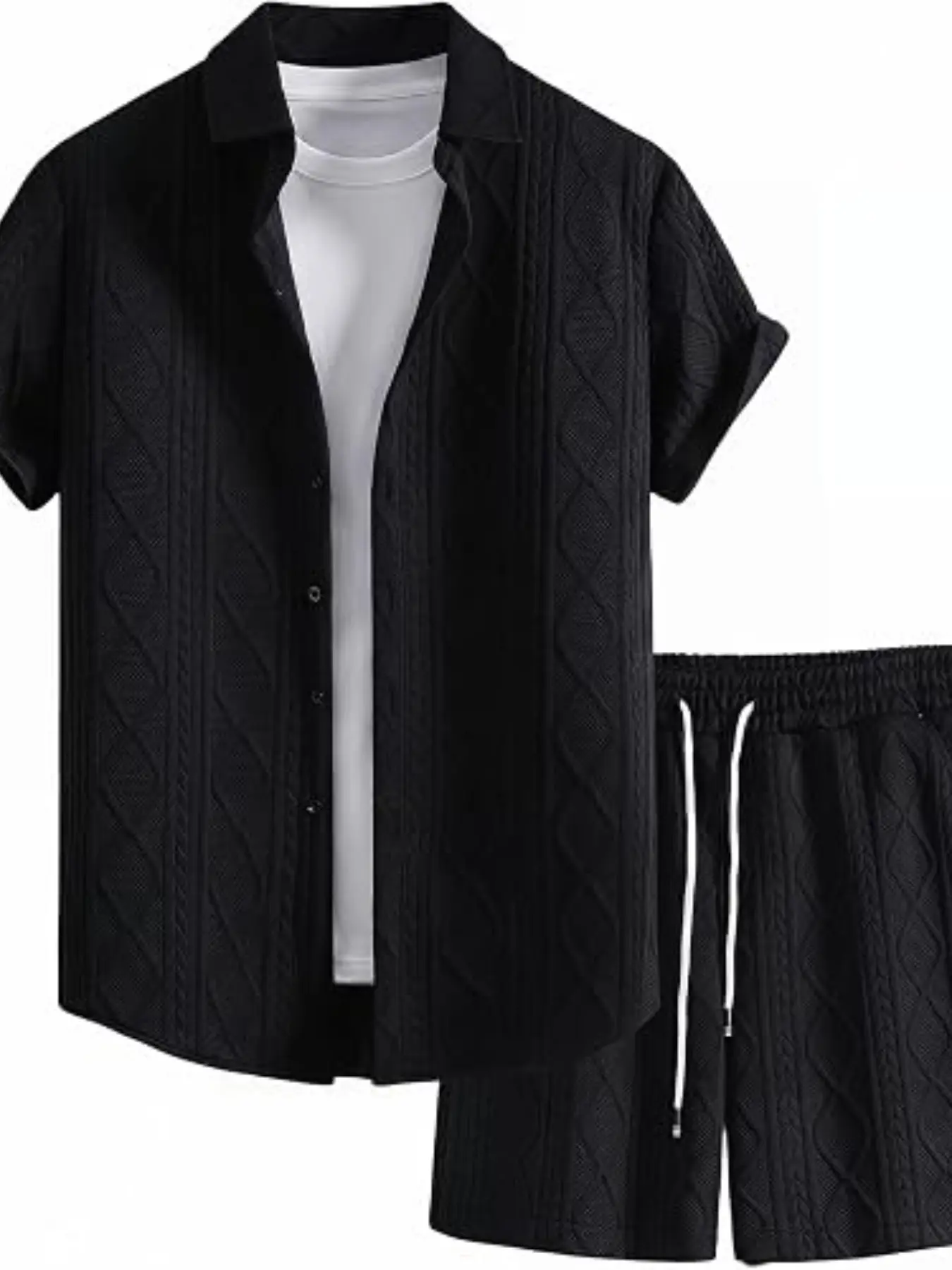 Men's Two-Piece Set Waffle Knit Button Shirt Top with Shorts, Casual Fitted Blouse, Short Sleeve, Natural Waist, Plain Pattern