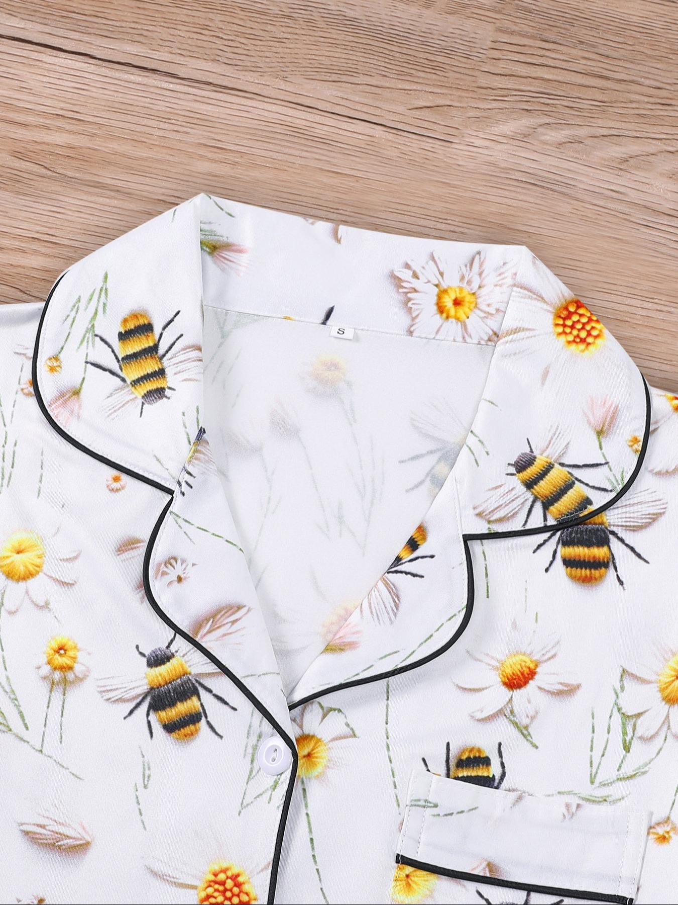 Women's Floral Print Pajama Set, Short Sleeve Button Front Top & Elastic Shorts, Casual Fitted Sleepwear for All Seasons