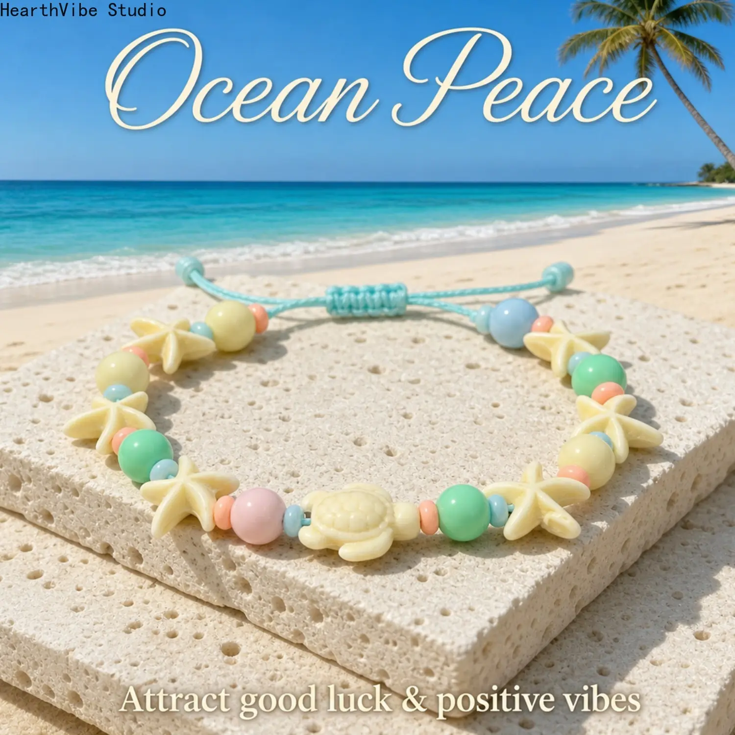 Women's Handmade Ocean Beach Sea Turtle Starfish Charm Bracelet - Adjustable Size, Waterproof Cord, Copper Beads, Pastel Beaded Sports Wristband, Female Wear Summer Vacation Gift
