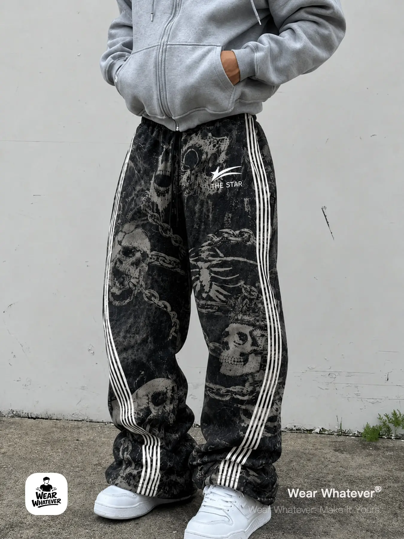 Men's Dark Skull Print Wide Leg Pants, Striped Loose Fit Streetwear Long Trousers, Casual Camouflage Style Unlined Clothing