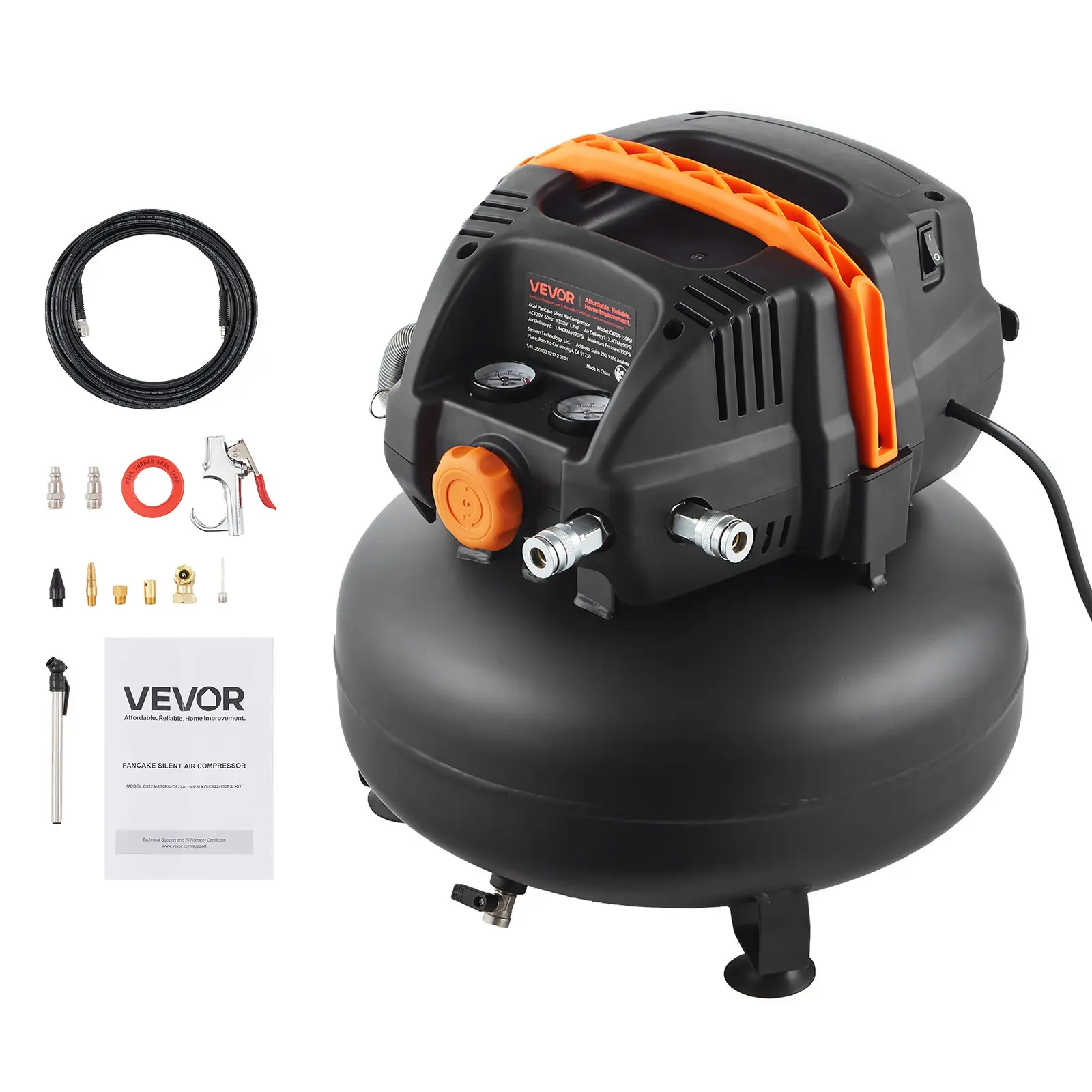 VEVOR 6 Gallon Air Compressor, 1.7HP 2.3CFM@90PSI Portable Pancake Air Compressor & 150PSI Max Pressure, 12-Piece Accessory Kit with 25FT Air Hose for Tire Inflation, Spray Painting, Woodwork Nailing