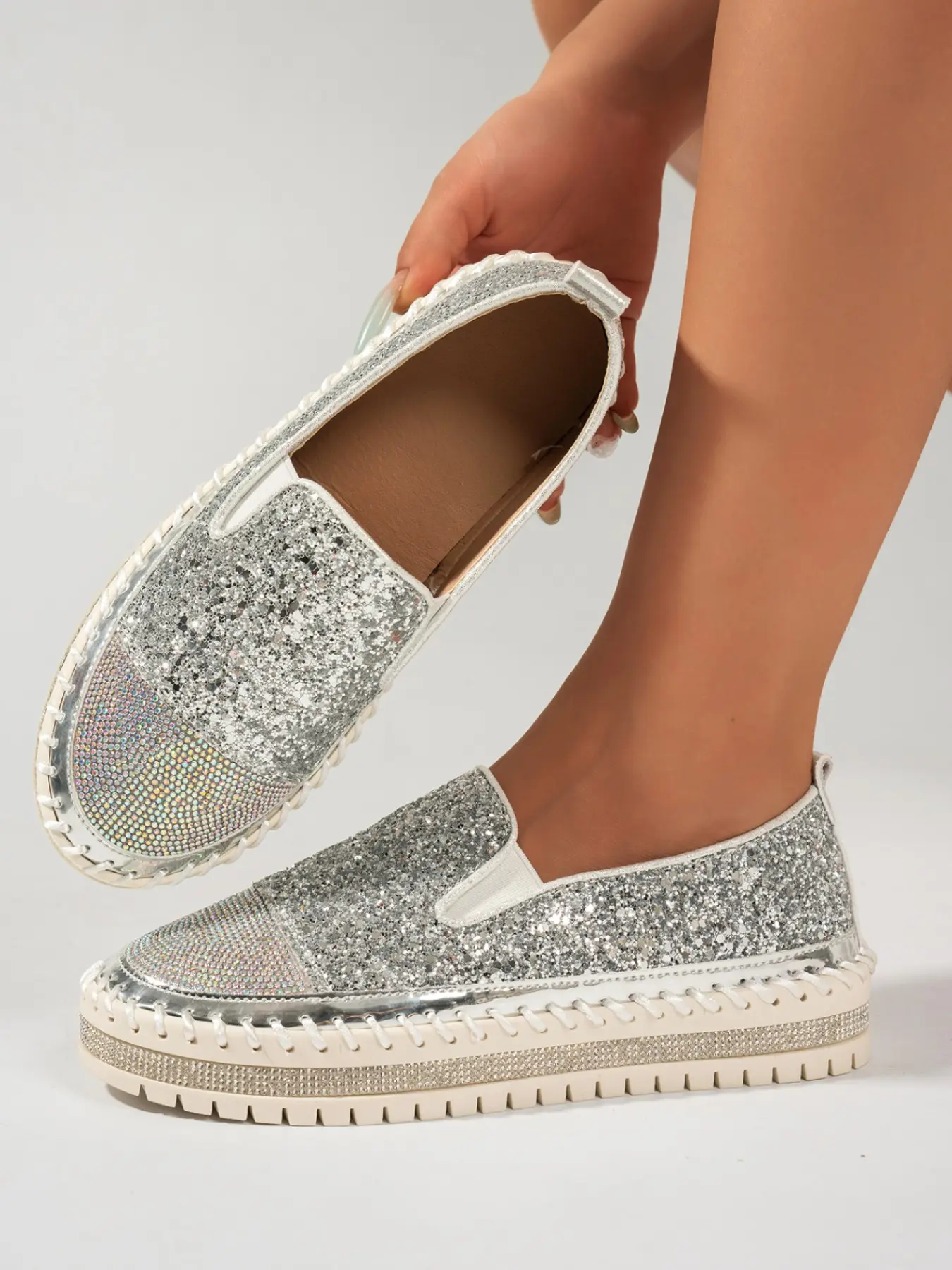 New Women's Rhinestone Patchwork Chunky Sole Loafers, Slip-On Casual Shoes, Luxury Trendy Versatile Outerwear, Commuter Footwear, Casual Slip Ons