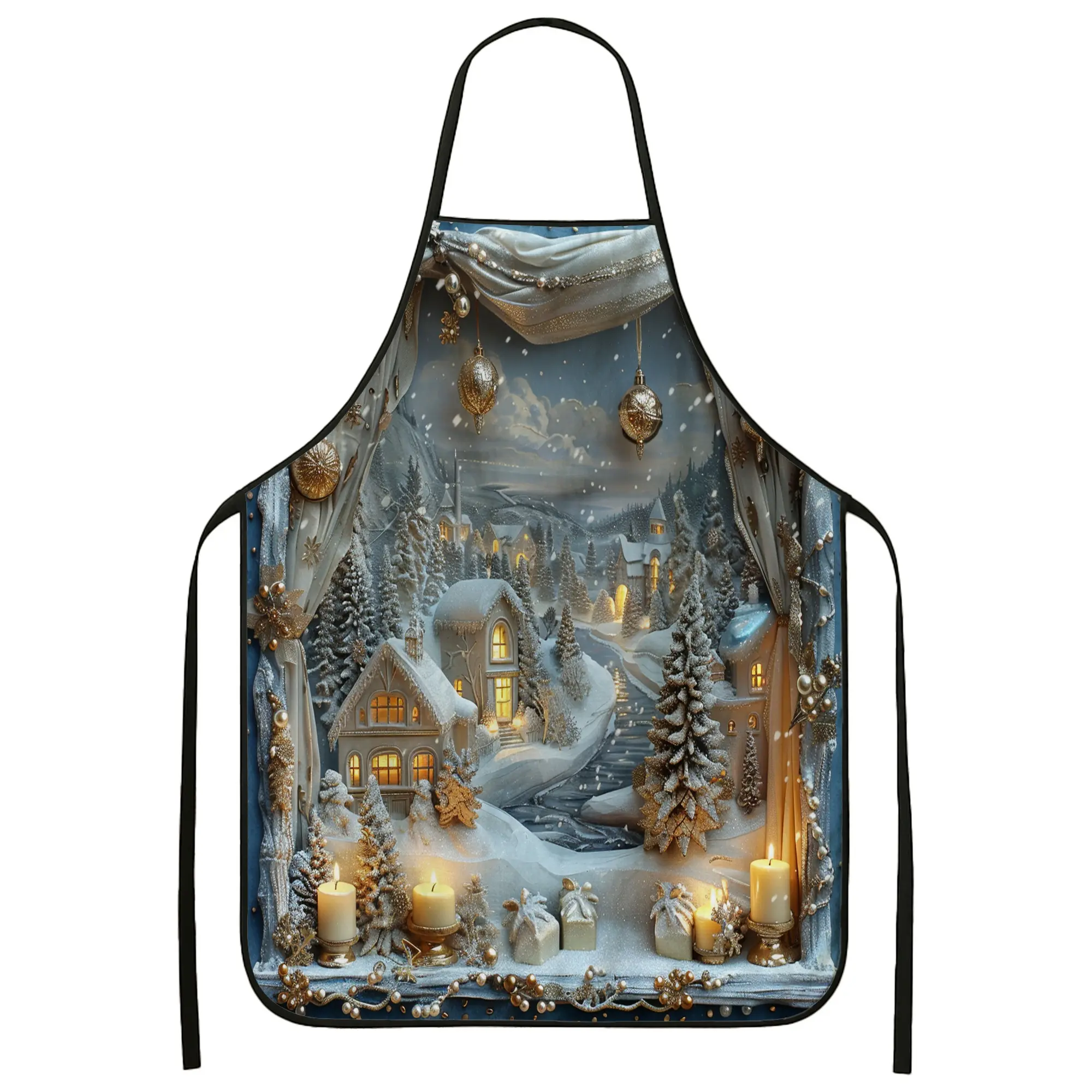 Winter Wonderland Aprons for Cooking, Cozy Snowy Village Pattern Kitchen Adult Apron, Holiday Festive Linen Texture Washable Apron for Baking BBQ Chef Work