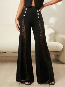 Women's solid color knitted fashionable pants, decorated with buttons, elegant semi transparent lace splicing wide leg bell bottoms, elegant and fashionable design - suitable for spring and summer - can be formal or casual, suitable for daily outdoor wear