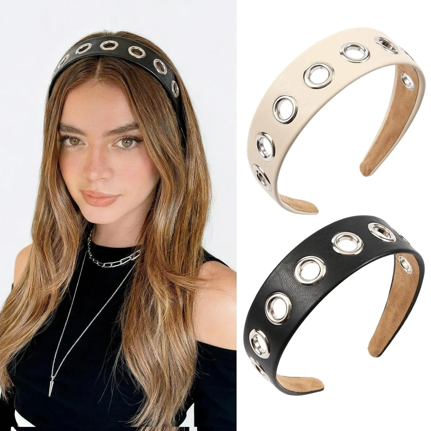 Grommet Headband for Women,Y2k Wide Eyelet Headbands, Punk PU Leather Metal Hair Accessories, 2 Pack Gothic Non Slip Stretchy  Bands for Daily Casual & Party Wear, Suitable for Thin & Thick Hair