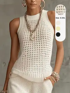 Women's Hollow Out Knit Vest, Summer New Style Casual Vacation Wear, Thin Lightweight Sleeveless Top, Vintage Design, Elegant and Chic Knitted Jacket