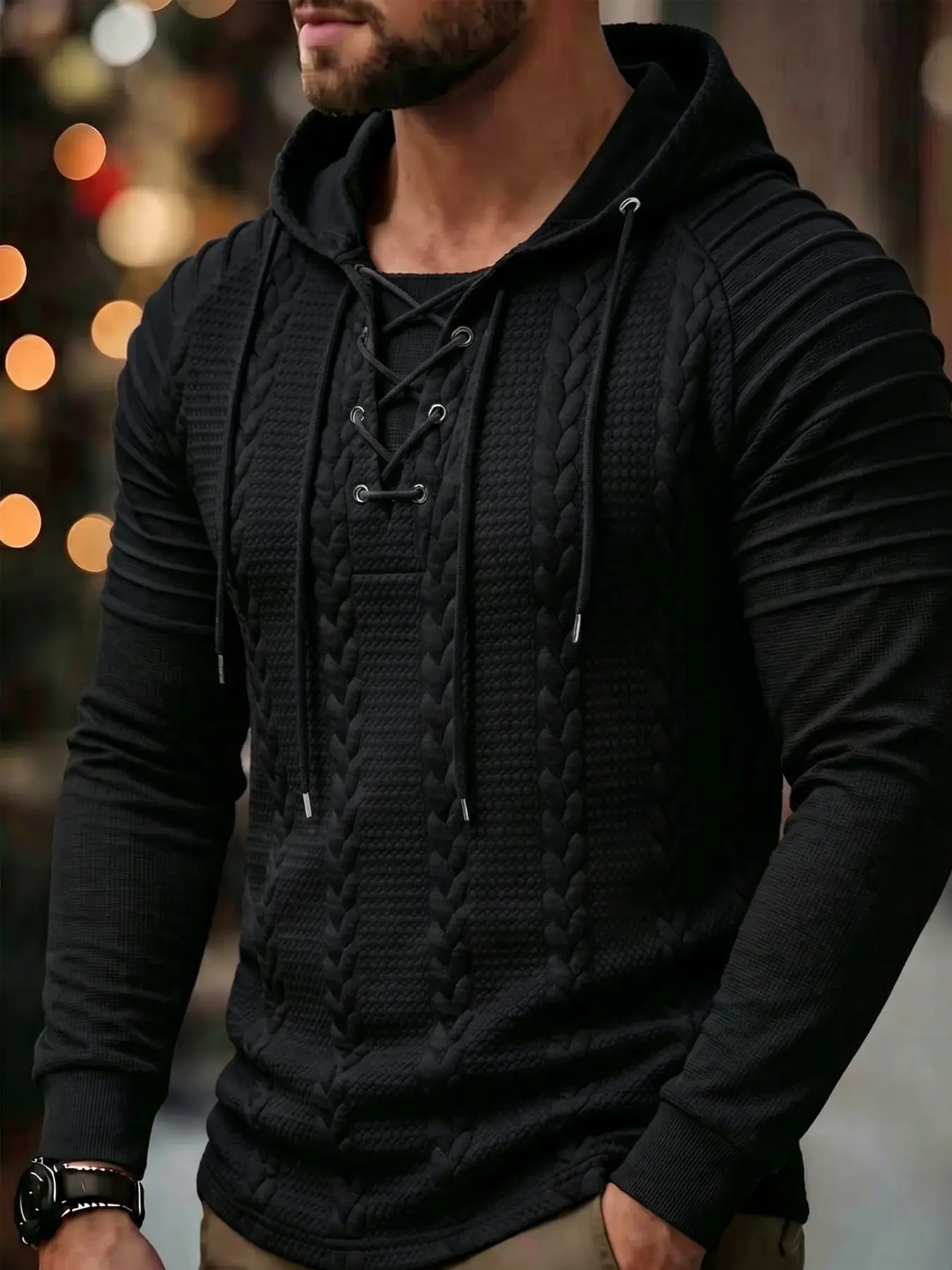 Royalboy Textured Jacquard Fabric Colorblock Pleated Sleeve Drawstring Design Fashion Outdoor Casual Athletic Style Hooded Sports Top