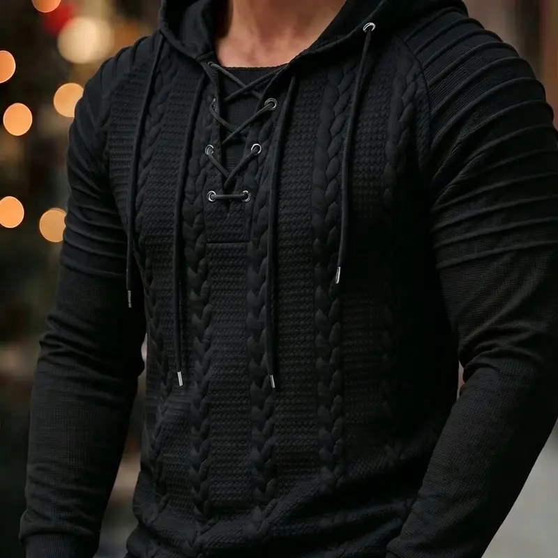 Royalboy Textured Jacquard Fabric Colorblock Pleated Sleeve Drawstring Design Fashion Outdoor Casual Athletic Style Hooded Sports Top