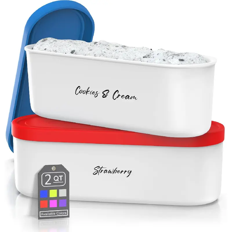 Ice Cream Containers - 2 Quart Ea.(Set of 2) - Premium Reusable Freezer Storage for Homemade Ice Cream Tub for Sorbet, Frozen Yogurt - Flexible Silicone Lids, Long Scoop, Stackable - Blue & Red