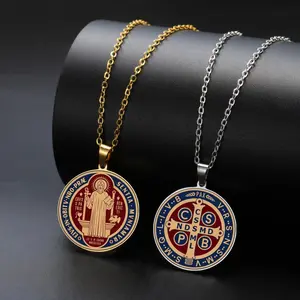 Jeshayuan Double Sided Saint Benedict Necklace The ST. Benedict Medal Necklace Christian Symbol of Opening Doors Keyring For Men