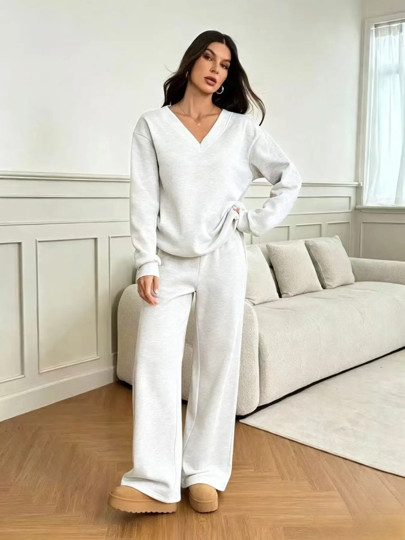 Women's Casual Knit Long Sleeve V-Neck Sweatshirt and Wide Leg Pants Set, Comfortable Loose Fit for Daily Wear