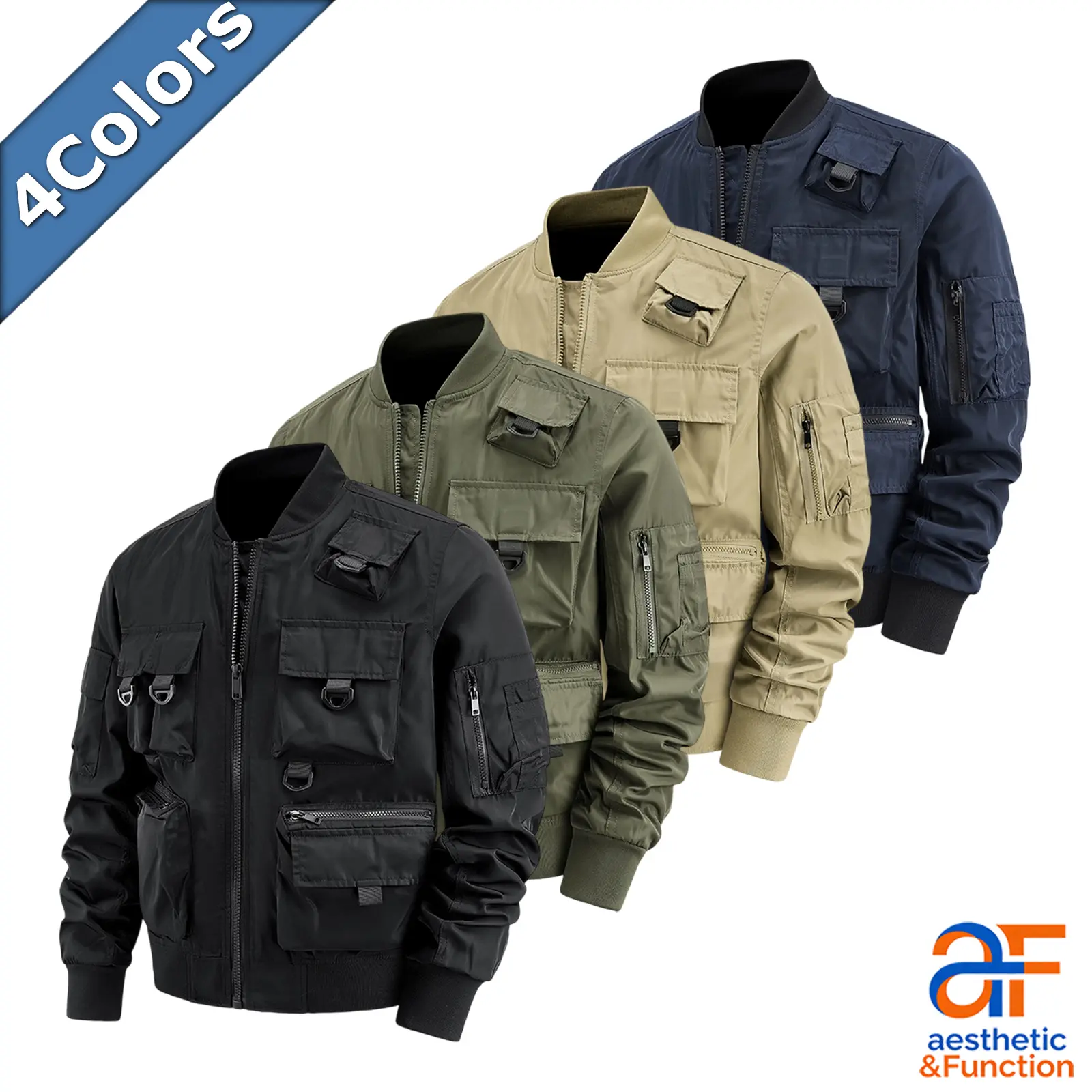 Men's Tactical Bomber Jacket - Polyester Multi-Pocket Cargo Look Full-Zip Windbreaker with D-Rings, Arm Pocket, Utility Design for Casual Streetwear Techwear Aesthetic Function (4 Colors: Black, Olive, Khaki, Navy) | Menswear Tops Coats