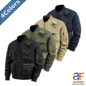 Men's Tactical Bomber Jacket Multi-Pocket Cargo Flight Jacket Casual Streetwear Techwear Utility Outerwear Full Zip Windbreaker with D-Rings Arm Pocket Aesthetic Function 4-Colors Black Olive Khaki Navy