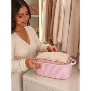 Woven Cotton Rope Storage Basket with Handles, Decorative Nursery Organizer Bin for Baby Essentials, Diapers, Toys, Towels, Bathroom Storage, Closet Shelf Organizer, Home Decor Accent Basket, Christmas Gift for Mom, Birthday Gift for Wife, Halloween Room