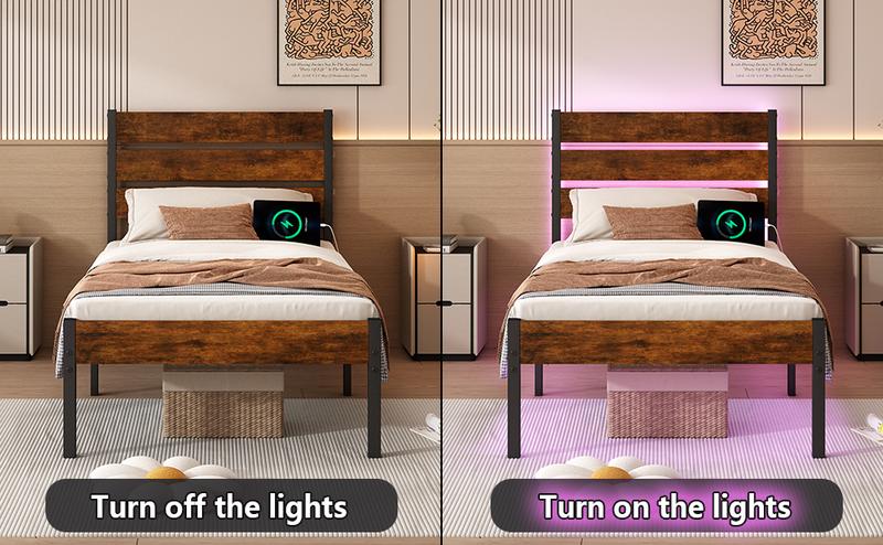 Full Size Bed Frame with Headboard,Heavy Duty LED Bed Frame with USB Charging Station,Mattress Foundation-Under Bed Storage, No Box Spring Needed, Noise Free,Brown