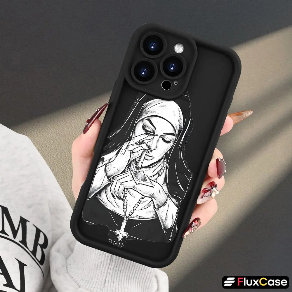 Phone Case: The Main Pattern of the Phone Case Is a Nun Smoking Shockproof, Anti Fouling and Dustproof Compatible iPhone 17 E Air 16 15 14 Pro Max Plus 13 12 Mini 11 X XS XR Creative Border Protection Case with Camera Protection.