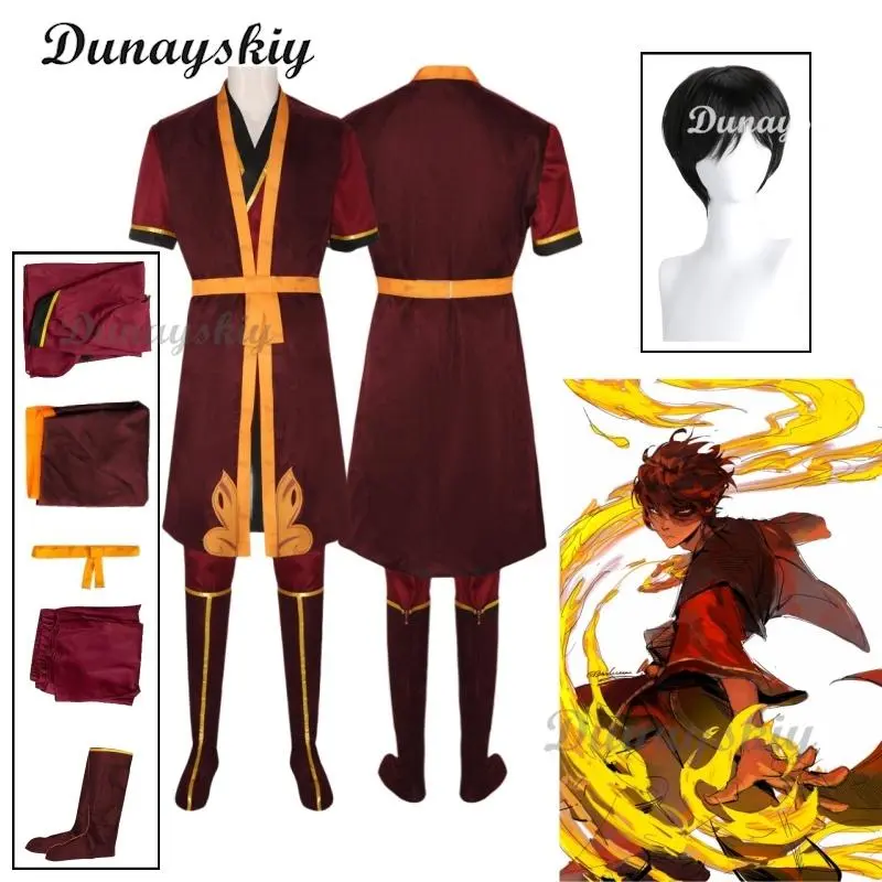 Handmade Avatar: The Last Airbender Zuko Cosplay Clothes - King's Prince Uniform, Aang Cosplay Shoes, Wig for Halloween Party Customization