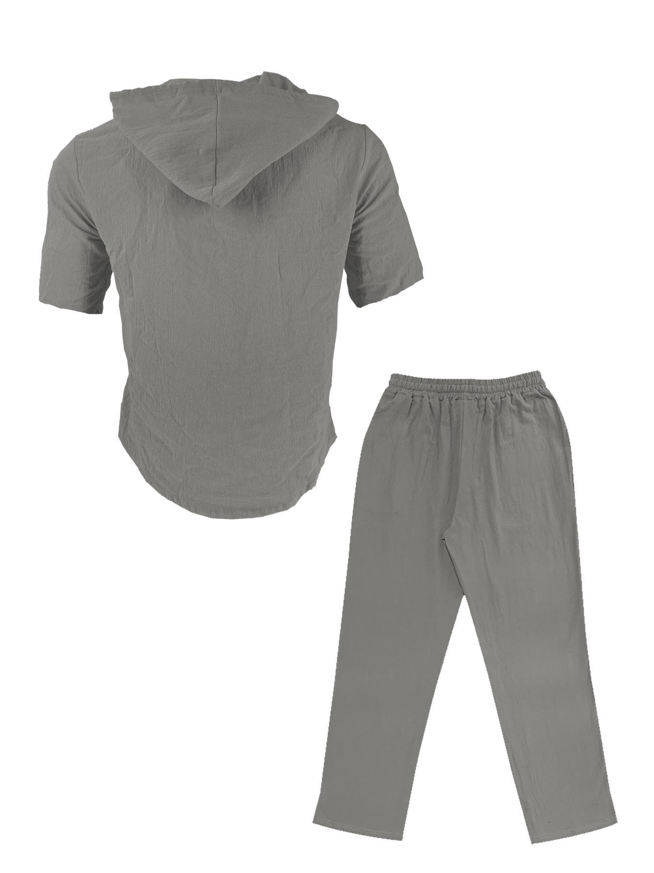 Two-Piece Set Men's Solid Linen Set, Casual Breathable Quick-drying Top & Drawstring Wide-leg Pants Set for Beach Holiday, Men's Clothing for Summer, Menswear