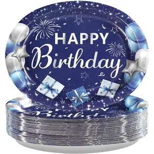 50Pcs Blue Birthday Oval Paper 10" x 12" Large Duty Disposable Navy Blue and Silver Platter Happy Birthday Dessert for Men Baby Shower Gathering Decorations Supplies