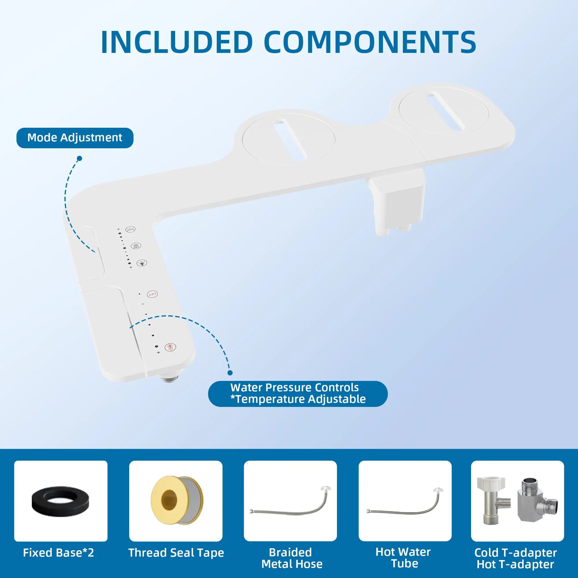 Non-Electric Bidet Attachment for Toilet, Dual Nozzle, Warm & Cold Water, Adjustable Temperature & Pressure, Self-Cleaning, Side Control