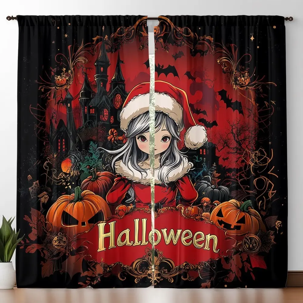 2pc Halloween Pumpkin Print Curtains, Modern Art Style Drapes with Rod Pockets, Home Decor for Kitchen, Cafe, Living Room, Balcony, Garden
