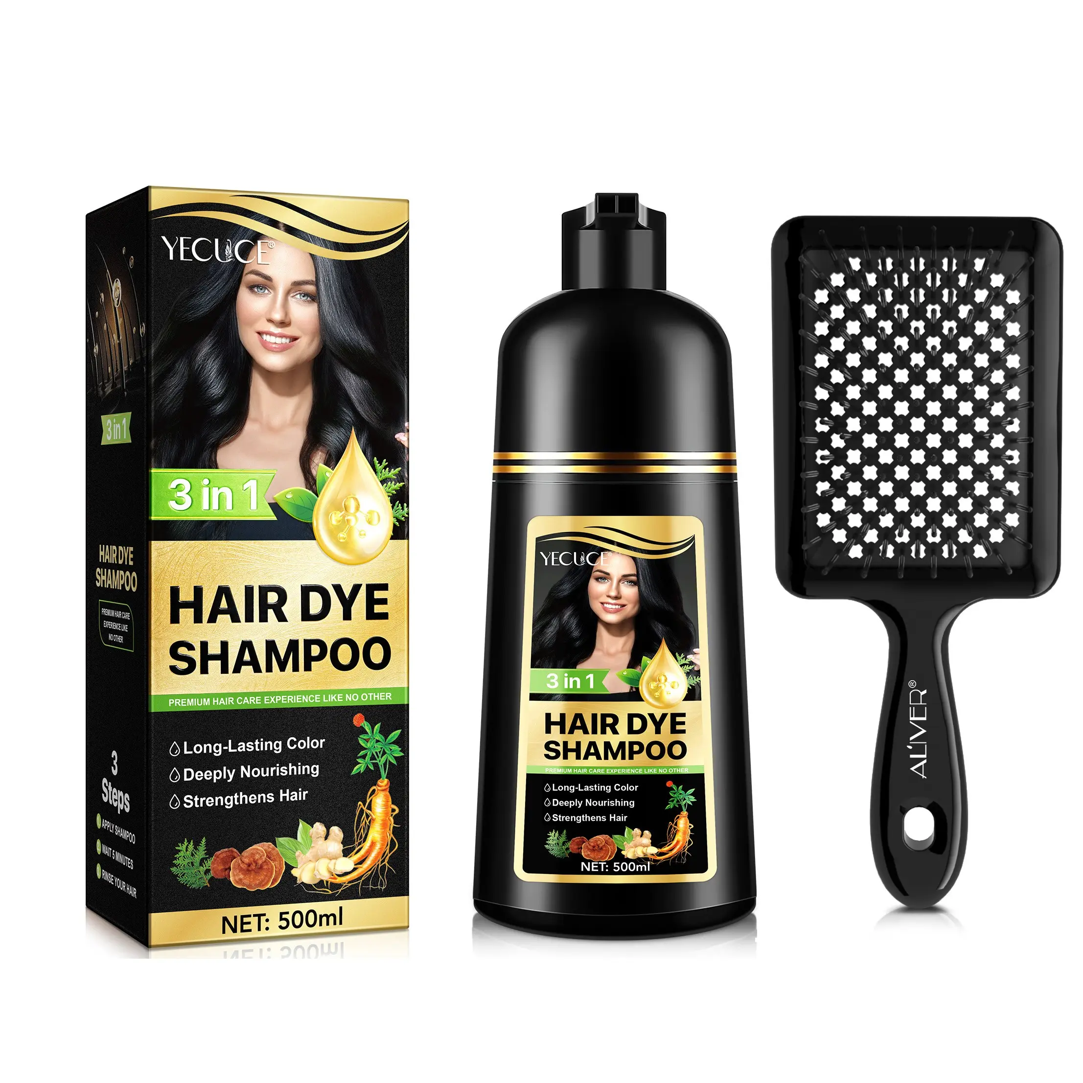 YECUCE 3-in-1 Hair Dye Shampoo with Comb, Shampoo Set, Covers Gray Hair, Foam Hair Dye, Botanical Hair Dye, Gray-Covering Hair Dye Shampoo, Effortless Hair Dye Shampoo, Highly Effective Gray Coverage, Long-Lasting Color