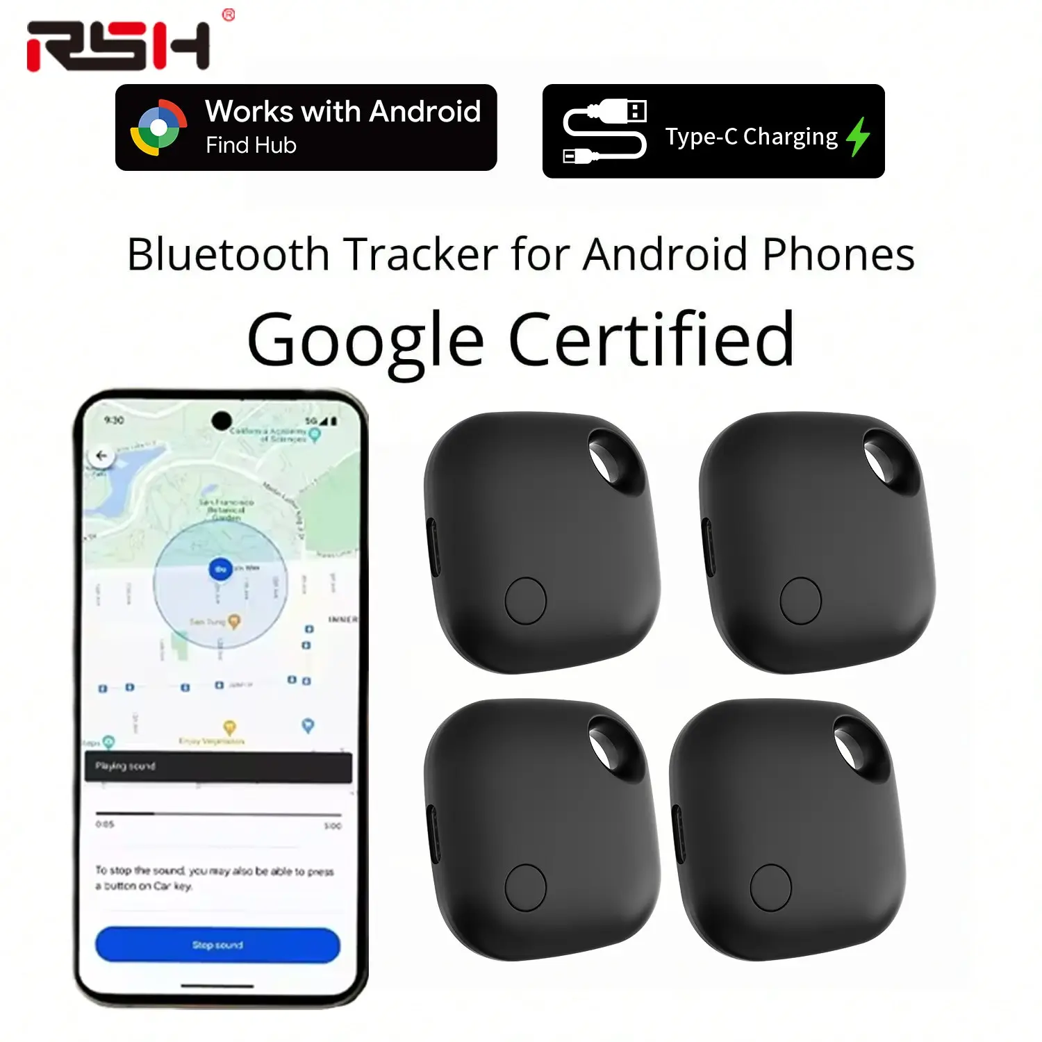 4-Pack USB-Chargeable Android Mini Tracker, Bluetooth-compatible Locator for Keys, Wallet, Pets, Real-Time Tracking Device, No Monthly Fee