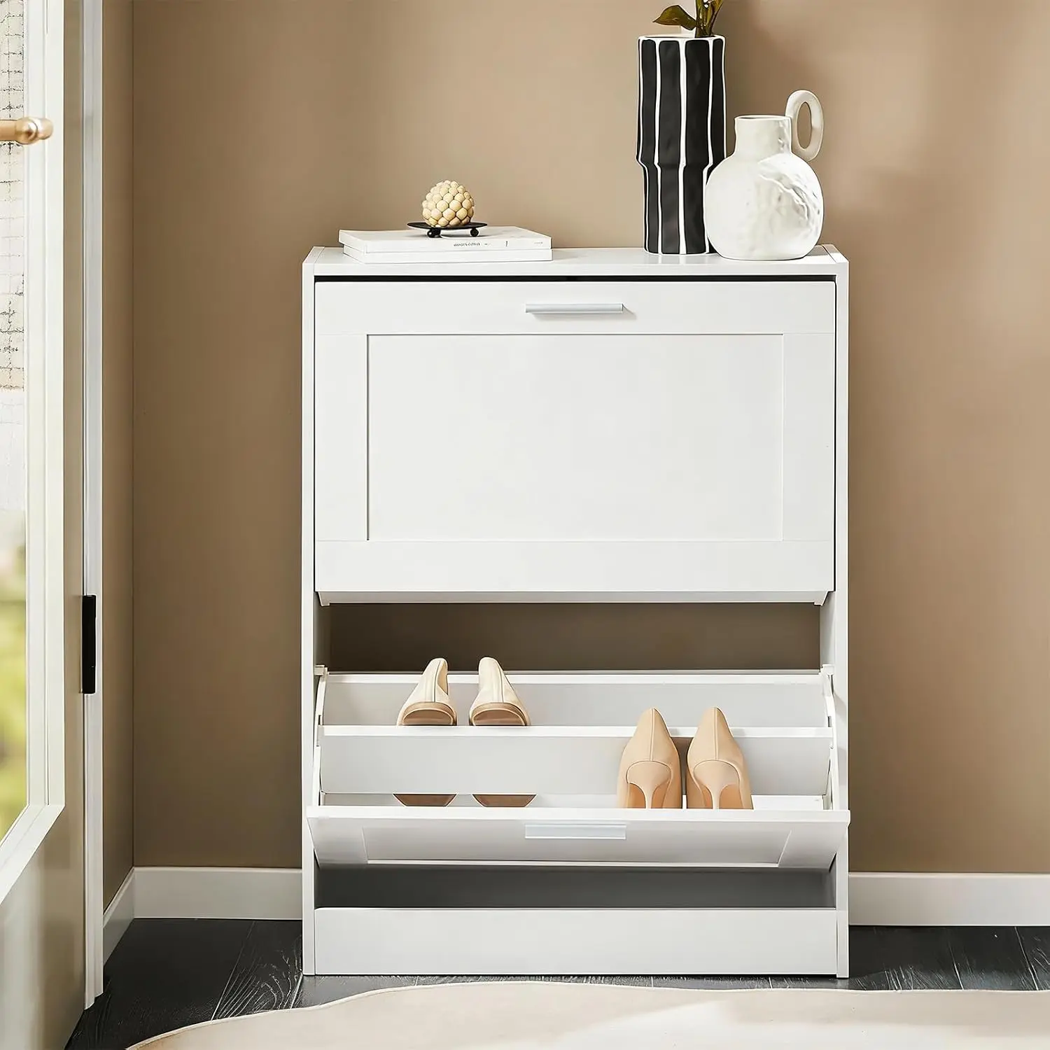 Shoe Cabinet Storage for Entryway | Narrow Shoe Cabinet with Two Flip Drawers to Save Space, Shoe Rack Cabinet for Front Door Entrance Hallway (White)