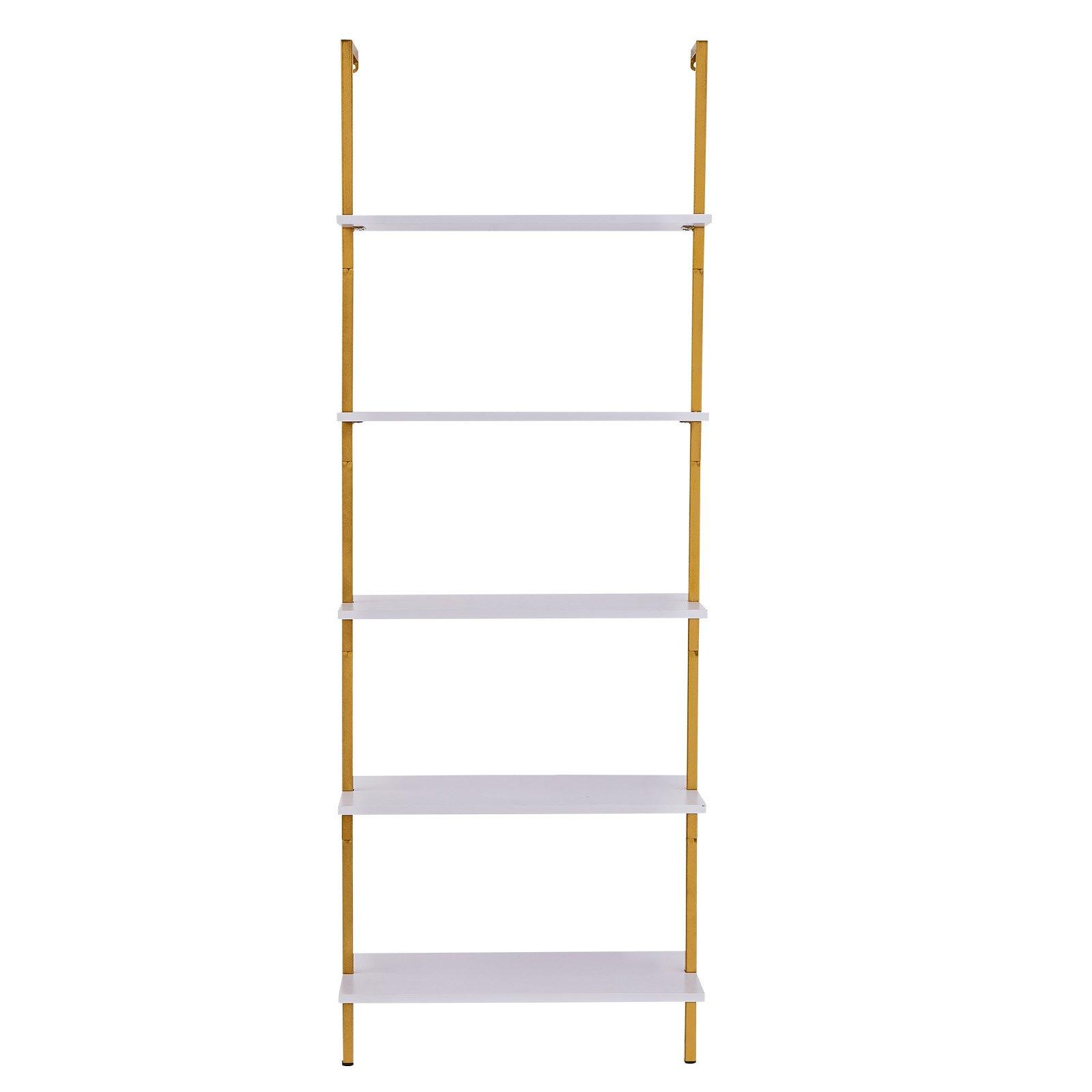 VEVOR Ladder Shelf, 5-Tier Bookshelf 24x11.8in, Open Wall-Mounted Ladder Shelf with Metal Frame,Storage Rack Sundries Holder for Kitchen Bedroom Bathroom Living Room, Gold White