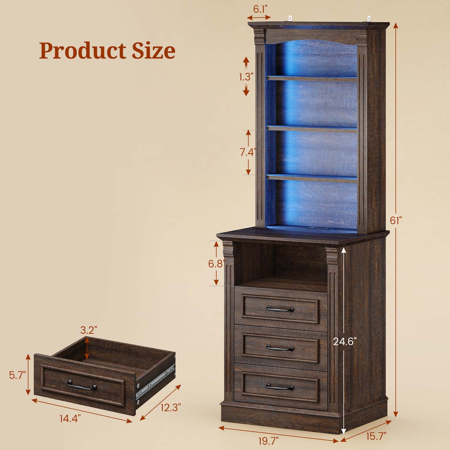 61 Inches Tall Nightstand with Charging Station and LED Light Walnut